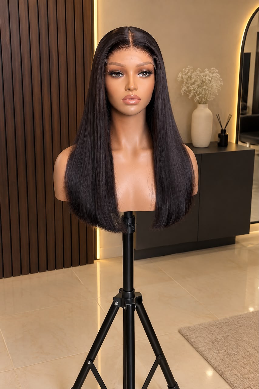 16-inch black Bone Straight HD closure wig front view