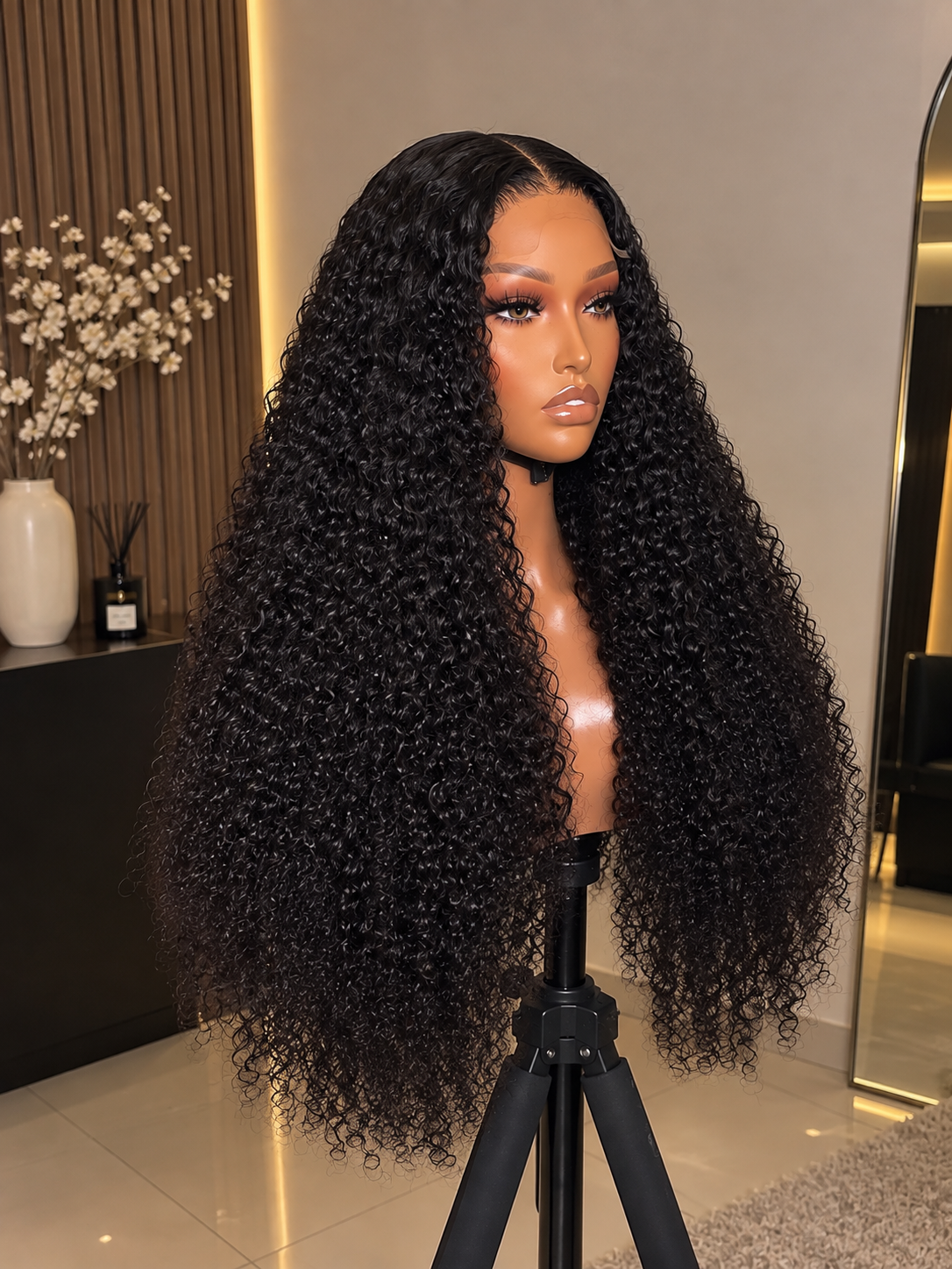 32-inch black Jerry Curl frontal wig angle view